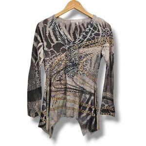 Y2K Womens Top M Textured Animal Print Gold Chain Sharkbite Hem Linen Mob Wife